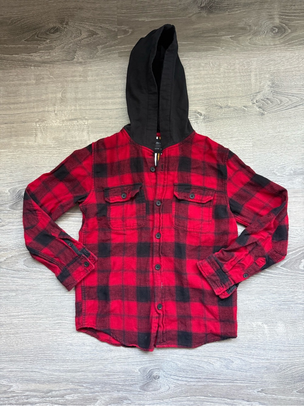 Denim & Flower Boy’s Sz 9/10 Red & Black Buffalo Plaid Flannel Hooded Shirt